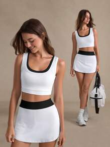 Eassivo Eassivo Set da donna casual 2 in 1 con maglione senza maniche e gonna sportiva a contrasto di colore, completo da allenamento per tutte le stagioni - Bianco - Visualizzare 1