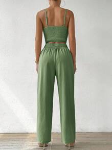 SHEIN ChicEase Women's Butterfly Detail Camisole Tank Top And Straight Leg Elastic Waist Pants 2 Pieces Vacation Set - Green - View 3
