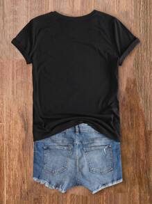 SHEIN LUNE Easter Day Rabbit Pattern Gift For Mom Casual Loose Round Neck Short Sleeve T-Shirt For Women, Suitable For Summer - Black - View 2