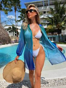 Swim Vcay Ombre Split Hem Open Front Kimono, Summer Beach - Blue - View 3