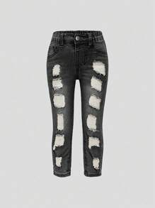 Young Girl' Light Washed Blue Ripped Distressed Elastic Skinny Jeans, Fashion Minimalist Design - Black - View 1