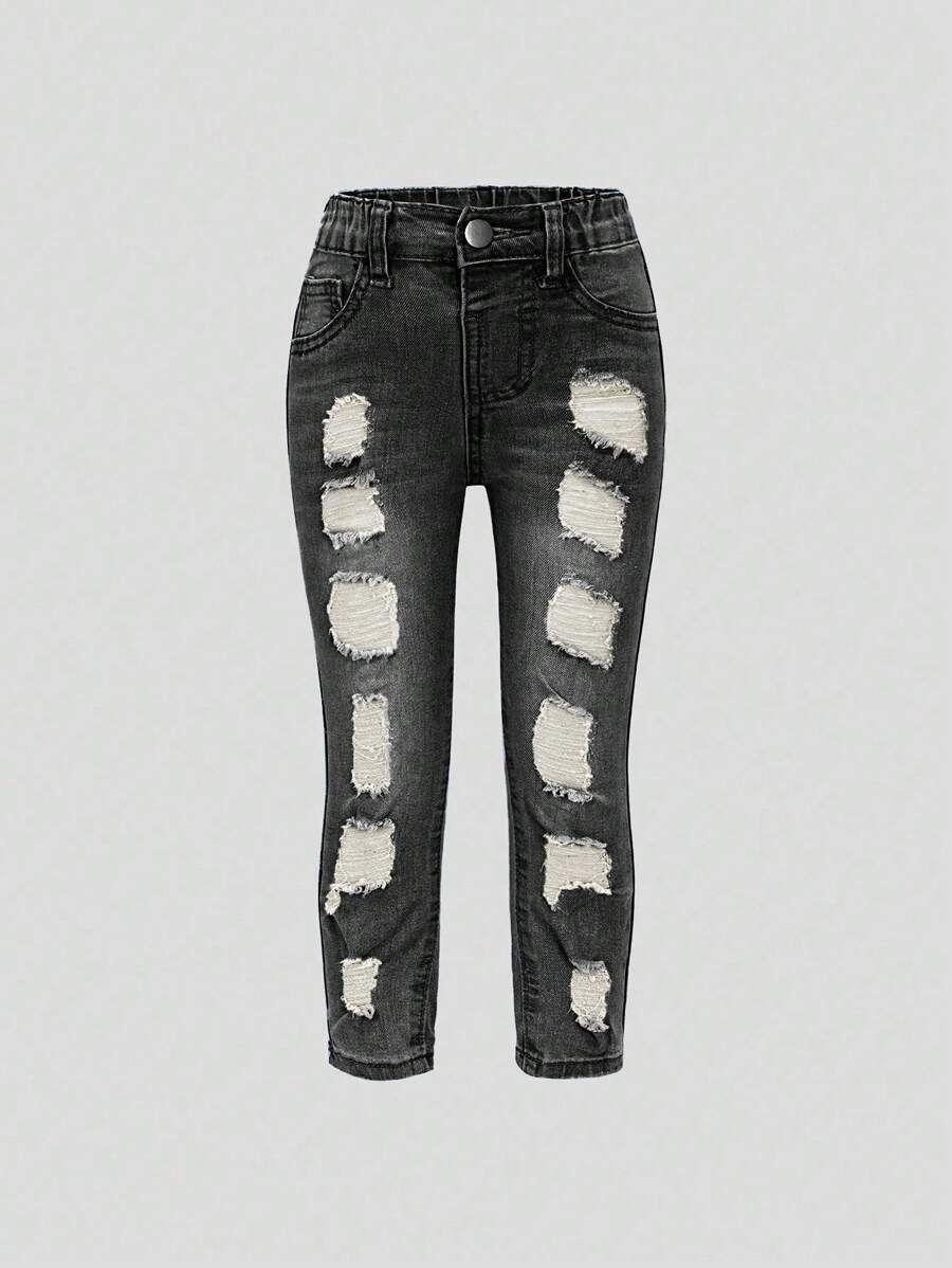 Young Girl' Light Washed Blue Ripped Distressed Elastic Skinny Jeans, Fashion Minimalist Design - Black - View 1