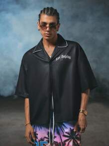 Manfinity VCAY Men's Digital Print Small Flat Collar Short Sleeve Loose Fit Shirt - Black - View 4