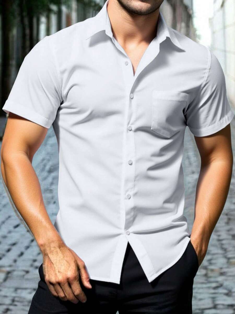 Manfinity Homme Men's Solid Color Short Sleeve Single-Breasted Pocket Casual Shirt - White - View 1