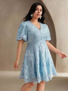Anewsta Ladies' Plus Size Spring/Summer Mesh Embroidered Music Festival Bubble Sleeves Blue St. Patrick's Day Dress Festival, Casual, Vacation, Holiday, Elegant, Date Night, Beach - Blue - View 5