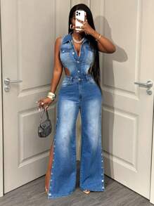 BamGleam 无袖牛仔连体裤，新款夏季时尚简约镂空美式阔腿宽松长款连体裤 - 藍色 - 查看 7