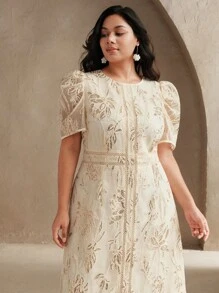 Anewsta Elegant Textured Apricot Short Sleeve Crew Neck Dress, Spring/Summer - Apricot - View 3