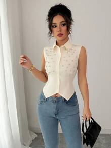 Elenzga Women's Solid Color Single Button Sleeveless Beaded Waist Shirt - Apricot - View 4