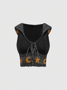 ROMWE Kawaii Hippie Bohemian Sun Moon Star Graphic Knitted Hoodie