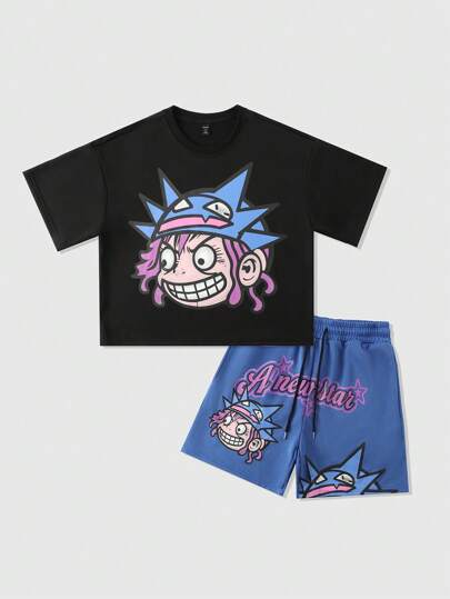 Ensemble t-shirt court et ample avec portrait graphique pour hommes