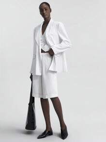 Ontre 2025 新款时尚休闲条纹西装外套，节日风格条纹白色亚麻衬衫，双排扣长袖女士轻便西装外套，春季 - 白色 - 查看 3