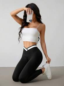 SHEIN PETITE Leggings casual da donna con vita asimmetrica e contrasto di colori, versatili