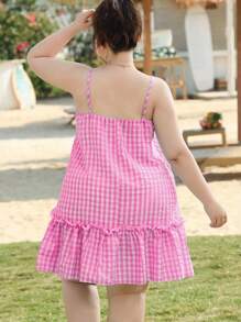 SHEIN EZwear Váy ngủ dài màu xanh kẻ sọc mùa xuân cỡ lớn cho kỳ nghỉ - Hồng - Xem 2