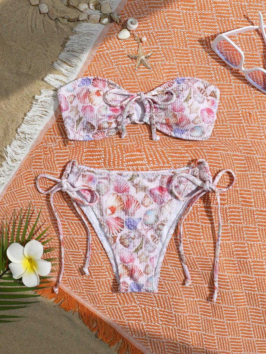 SHEIN Swim Women's Summer Beach Vacation Seashell Print Drawstring Bandeau Swimwear Bikini Set