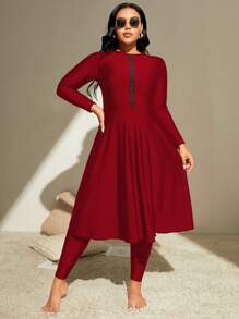 Swim Mulvari Summer Beach Plus Zip Front Full Body Burkini Swimsuit Dresses For Women>Long Sleeve - Burgundy - View 1
