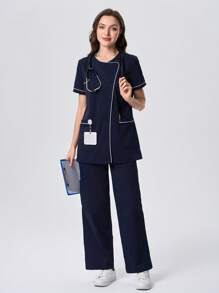 Scrubzie Camice da infermiera donna con scollo asimmetrico e tessuto a contrasto di colore, a maniche corte