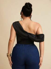 SHEIN BAE Plus Size Women's Elegant Black Summer Satin Asymmetrical Neck Camisole,Formal Evening Night Out Club Backless Top,Corset For Birthday Wedding Party - Black - View 7