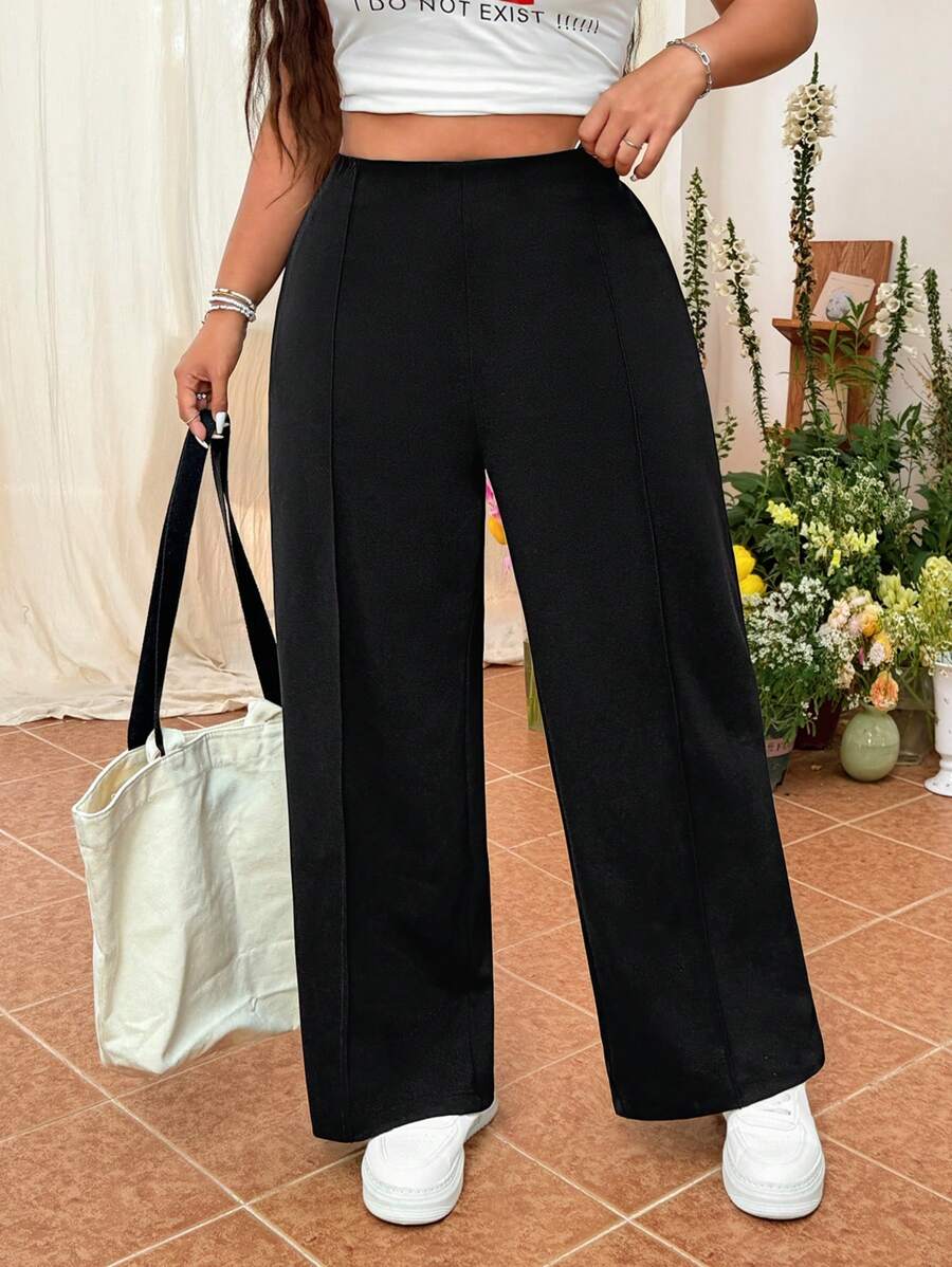 SHEIN EZwear Women Plus Size Solid Color Minimalist Straight Leg Office Pants Graduation,Back To School,Teacher Outfits For Women In Fall/Winter