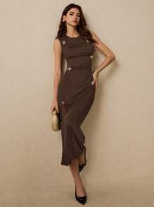 Poéselle Women Sleeveless Solid Color Dress, Fashionable Suitable For Summer,Summer Dresses For Women - Coffee - View 6
