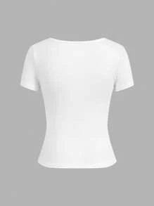 SHEIN EZwear 3 件女式休闲 U 领紧身短袖短款 T 恤，黑白条纹，适合夏季 - 彩色 - 查看 6