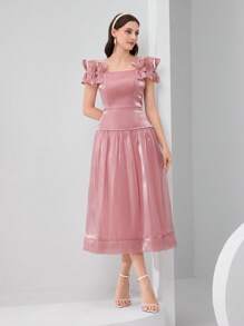Modelyn Women's Elegant Dusty Pink Midi Dress With Square Neckline And Unique Bow-Knot Sleeveless Design - Dusty Pink - View 2