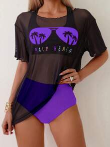 SHEIN Swim 女士拼色性感比基尼套装带字母印花短袖雪纺罩衫，夏季海滩