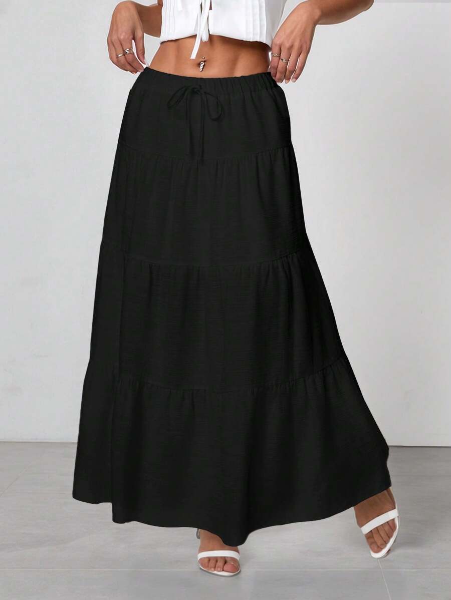SHEIN PETITE Solid Color Drawstring Waist With Ruffle Hem Casual Skirt - Black - View 1