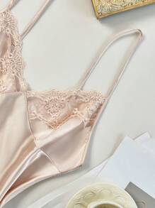 SilkySpell 4pcs Pajama Set: Embroidered Trim V-Neck Faux Silk Cami Sleep Dress And Cami Top & Shorts And Belted Robe, Fall Winter Clothes