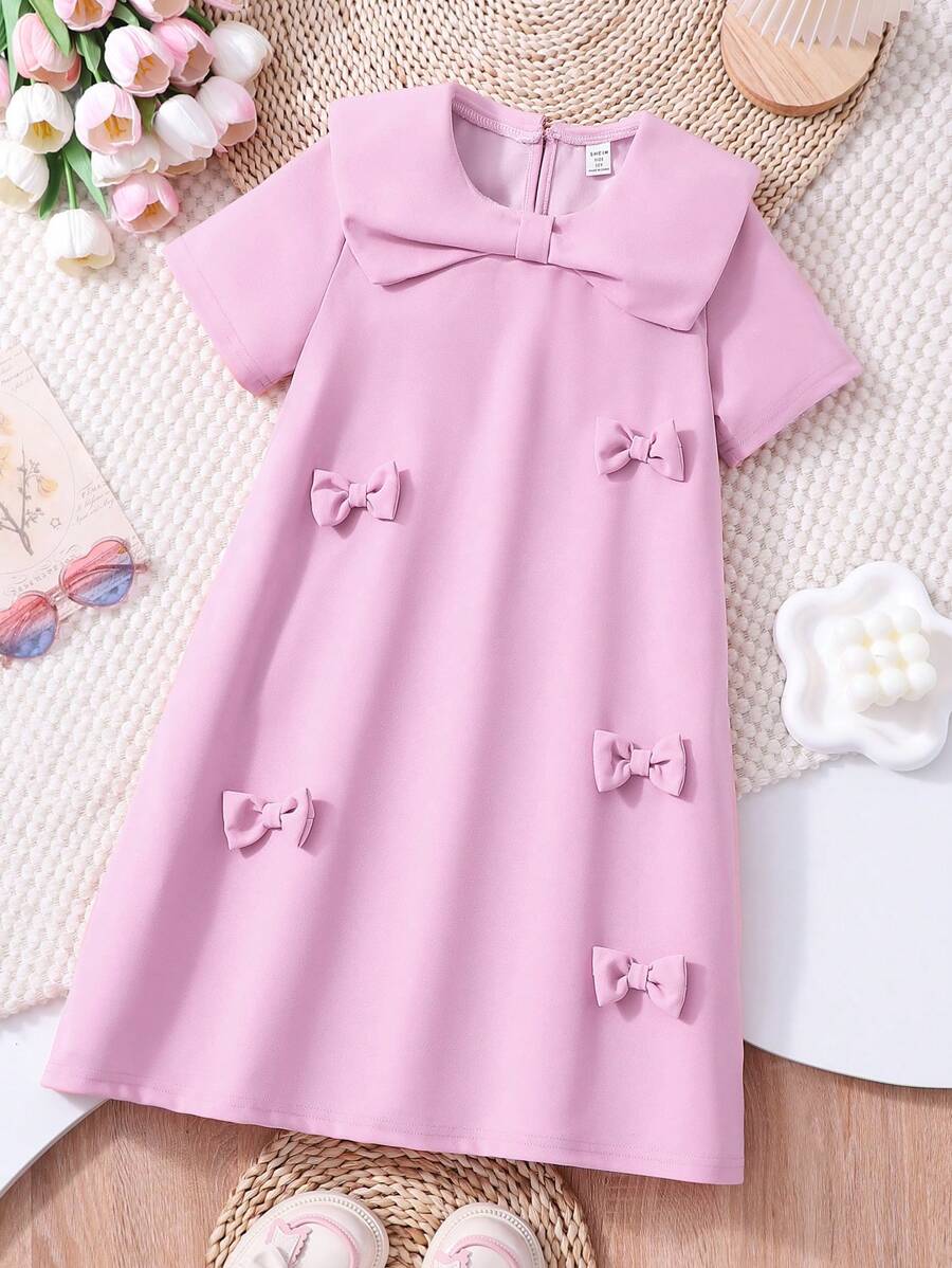 Tween Girl' Elegant Glamorous Cute Bowknot Red Princess Dress, For Daily And Party Occasions