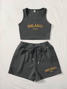 SHEIN EZwear Bộ đồ vest bó sát và quần short rút dây họa tiết chữ Milano 2 món dành cho nữ, phù hợp cho mùa hè - Màu xám đen - Xem 3