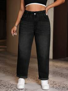 SHEIN ICON Plus Size Cat Whiskers Everyday Women Jeans - Black - View 3