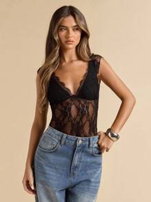 SHEIN BAE Women's Solid Black Lace Sheer Deep V-Neck Camisole, Spring/Summer,Halloween Clothes Women ,Halloween Costume,Halloween Clothes Women ,Halloween Costume - Black - View 4