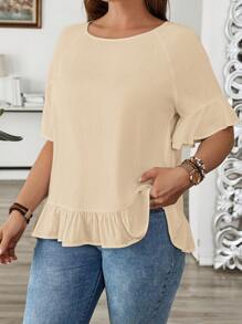 EMERY ROSE Plus Size Women Solid Color Raglan Sleeve With Ruffle Hem Casual Blouse - Apricot - View 4