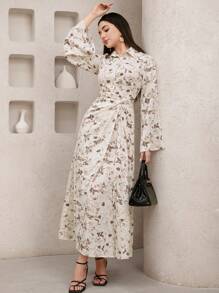 Veilorie 女士花卉印花扭纹细节优雅长袖连衣裙 - 杏色 - 查看 1