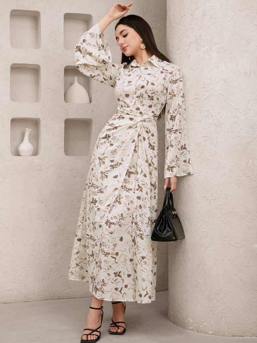 Veilorie 女士花卉印花扭纹细节优雅长袖连衣裙 - 杏色 - 查看 1