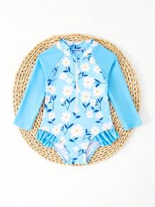 SHEIN Toddler Girls Island Palm Leaf Print Long Sleeve One-Piece Swimsuit With Adorable Ruffle Trim Raglan Sleeve Sun Protection - Multicolor - View 5