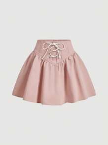 SHEIN MOD Lace Up Front Flare Skirt - Baby Pink - View 1