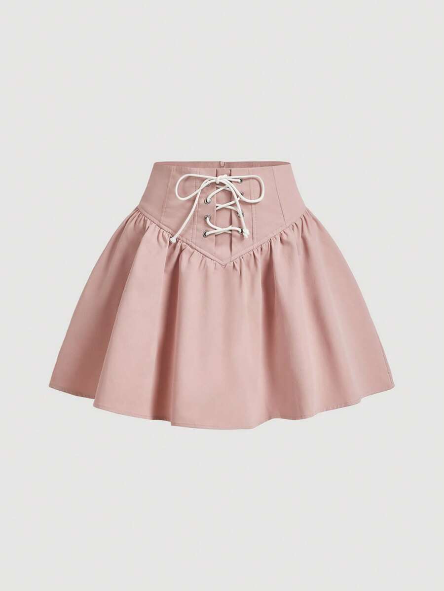 SHEIN MOD Lace Up Front Flare Skirt - Baby Pink - View 1