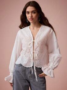 Enchnt Women's White Autumn Boho Vacation Holiday Exquisite Floral Eyelet Cut-Out Embroidered Front Bowknot Long Sleeve Ruffle Trim Shirt,Casual - White - View 1