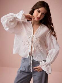 Enchnt Women's White Autumn Boho Vacation Holiday Exquisite Floral Eyelet Cut-Out Embroidered Front Bowknot Long Sleeve Ruffle Trim Shirt,Casual - White - View 7