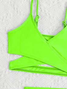 Young Girl Glow Green Criss-Cross Swimsuit Set With Tropical Plant Printed Coverup And Mini Skirt - Green - View 3