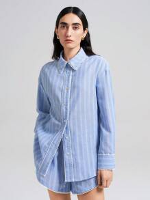 Ontre 女士条纹印花前扣休闲长袖衬衫 - 藍白色 - 查看 6