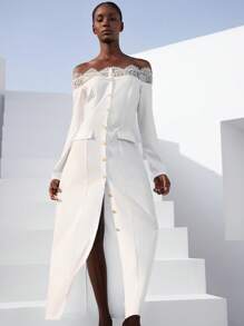 SHEIN Privé Contrast Lace Off Shoulder Single-Breasted Flap Pocket Elegant And Intelligent Long Sleeve Dress Fall Cloth For Women - White - View 5