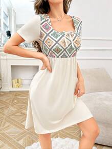 SHEIN Women's Floral Retro Print Patchwork V-Neck Short Sleeve Nightgown - Multicolor - View 4