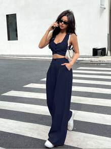 INAWLY Set 2 pcs Wanita Polos Atasan Tank Top Pendek Kancing Tunggal dan Celana Panjang - Navy Blue - View 3