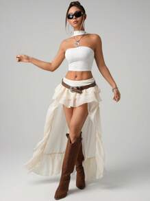 SHEIN ICON Layered Ruffled Hem Chiffon Skirt With Train - Beige - View 5