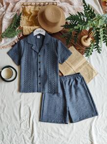 Vintaside Kids Tween Boy Vintage Embroidery Collar Short Sleeve Shirt And Versatile Casual Shorts Set, Spring/Summer