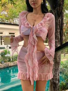 DAZY Women Summer Beach Floral Print Mesh Flare Sleeve Top And Mini Skirt Set,Ruffle - Pink - View 7