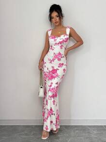 Elenzga 女士低胸玫瑰印花修身优雅吊带裙 - 粉色 - 查看 5