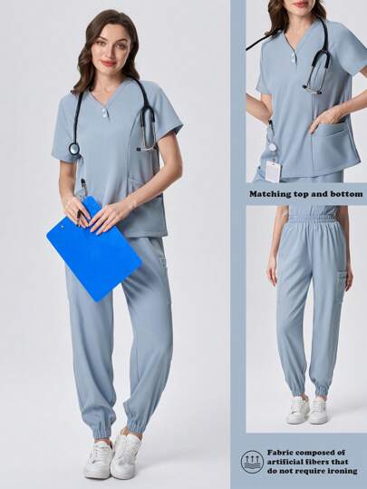 Scrubzie 2 件套抗皱 V 领短袖口袋上衣和抽绳裤女士手术服套装